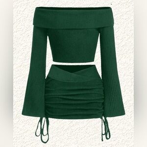 SHEIN EZwear Women's Casual Ribbed Off Shoulder Knit Top & Skirt